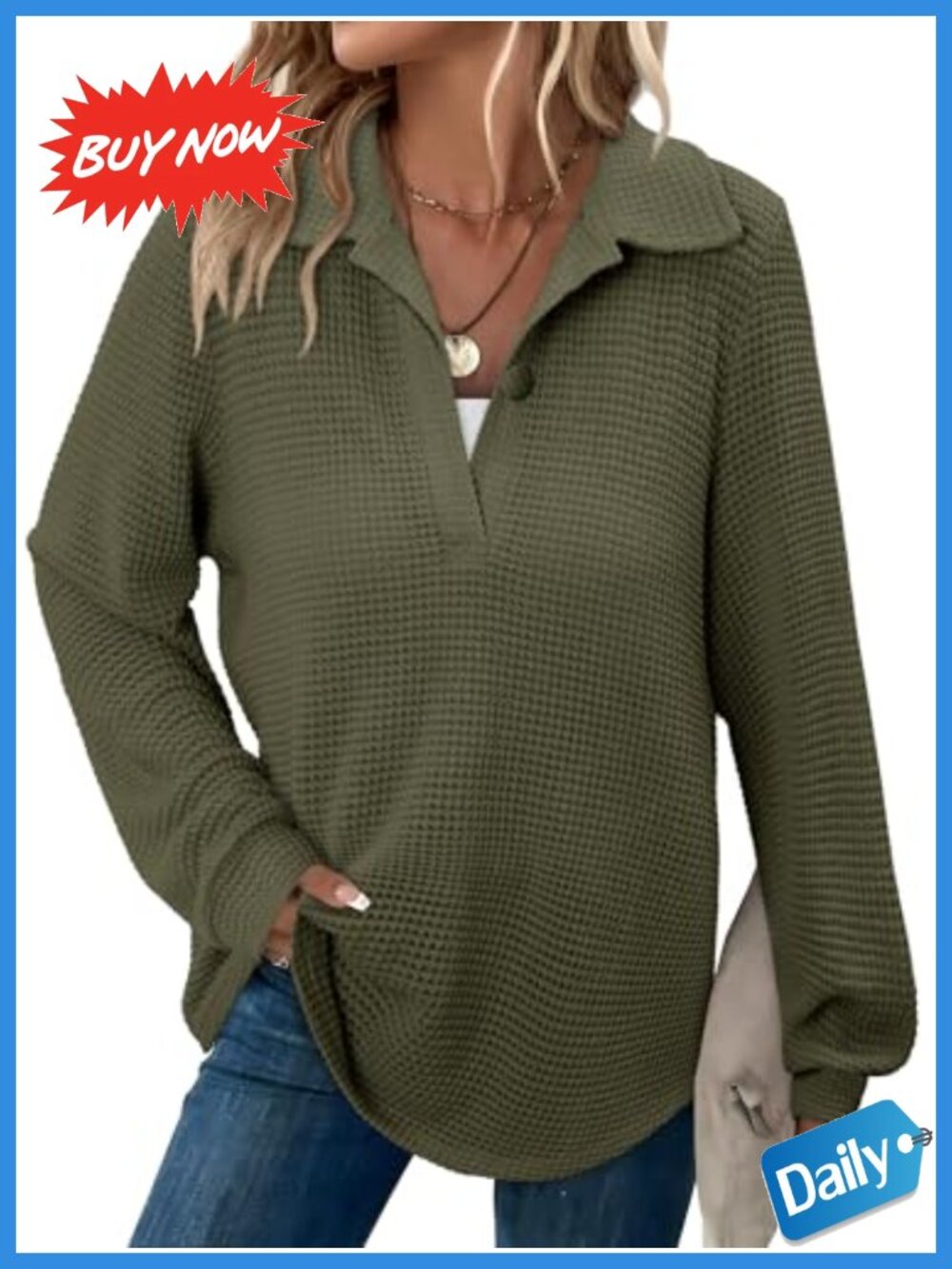 Waffle Knit Long Sleeve V-Neck Pullover Top Casual Fall Winter Shirt